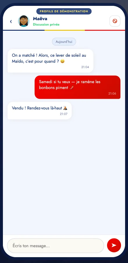 Discussion privée dans l'application Cupidon (conversation de démonstration)