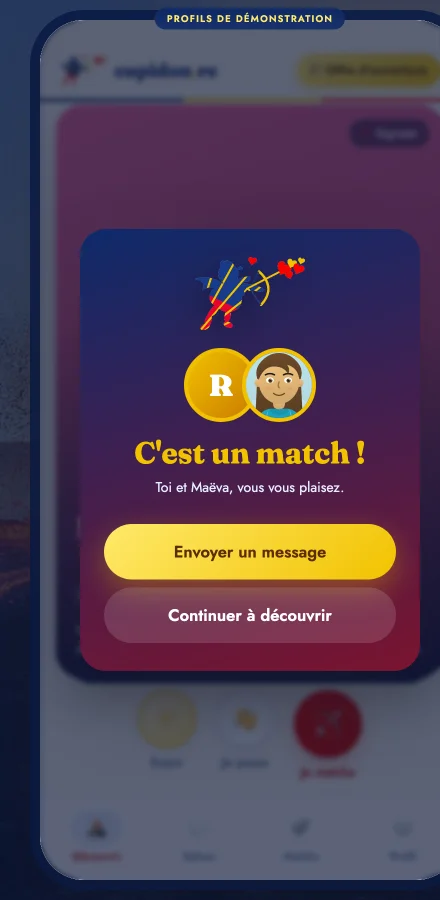 Écran « C'est un match ! » de l'application Cupidon (profil de démonstration)